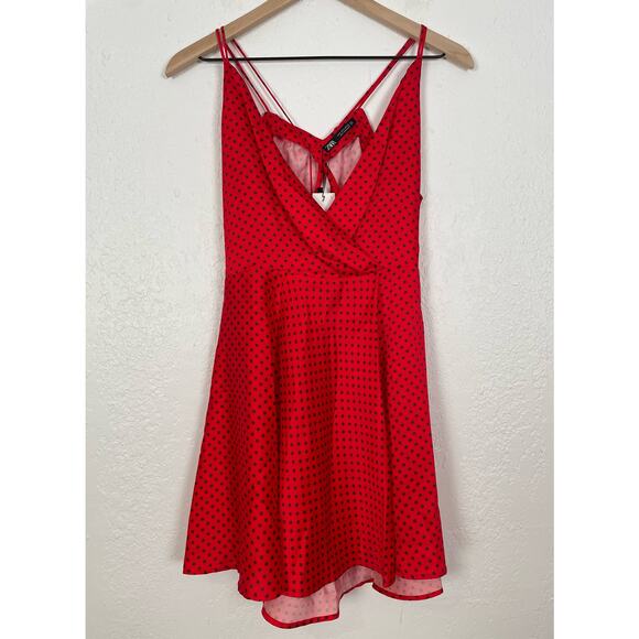 Zara Red Satin Polka Dot Open Back Mini Dress NWT Size Small - Picture 3 of 6